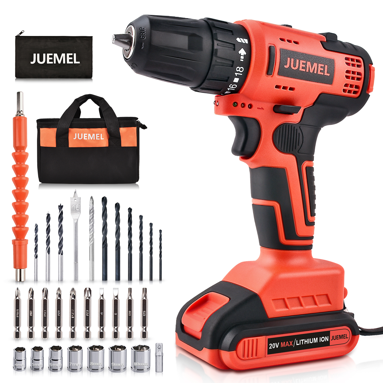 Cordless Drill, JUEMEL 20V Brushless Drill Driver Set, Lithium-ion Power Electric Drill with 3/8