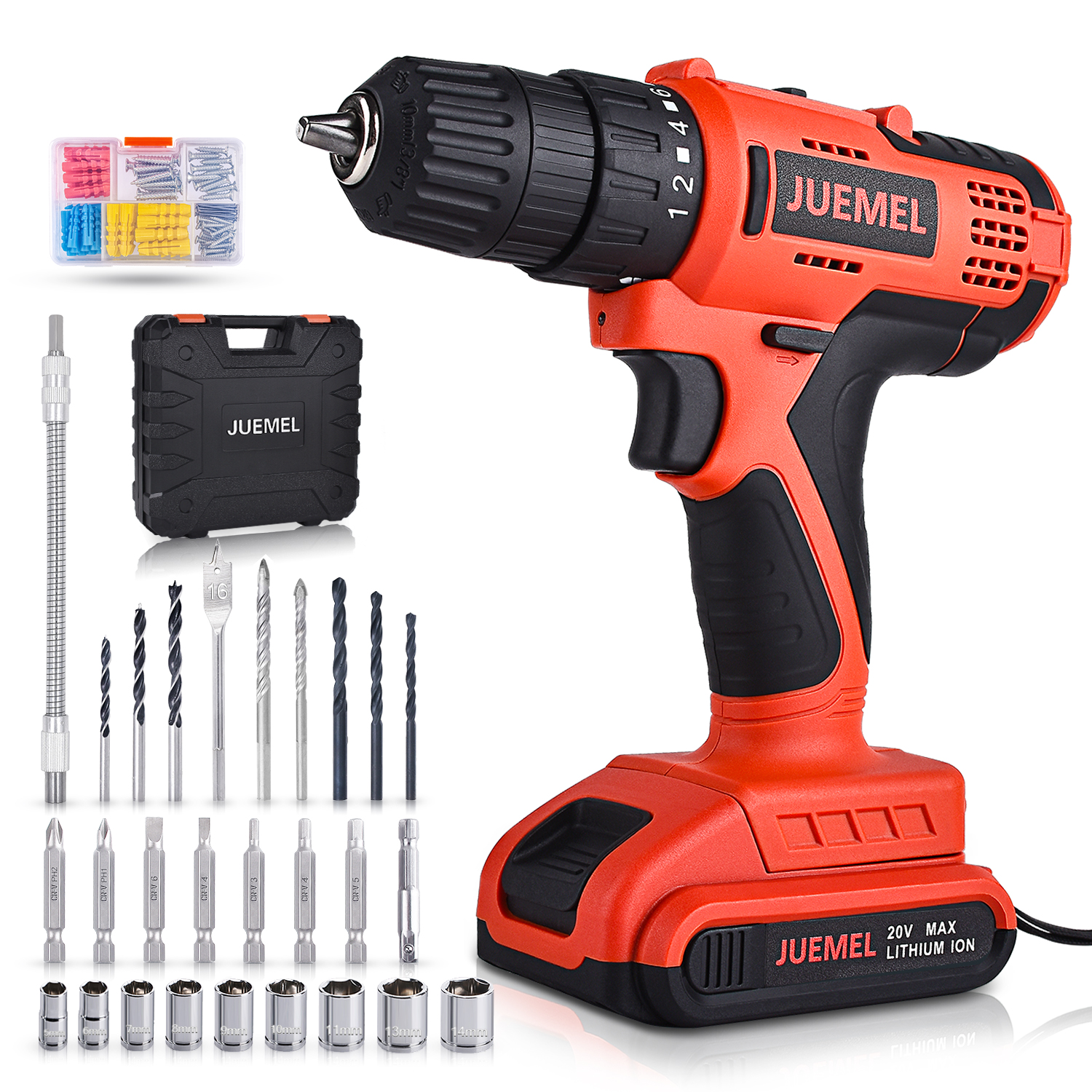 for DIY Project Electric Screwdriver Set 20V Cordless Drill Driver JUEMEL 100 PCS Accessories Power Drill 1 Battery 2000mAh / 1H Fast Charger/Max Torque 36Nm / 2 Variable Speed / 3/8 inch Chuck
