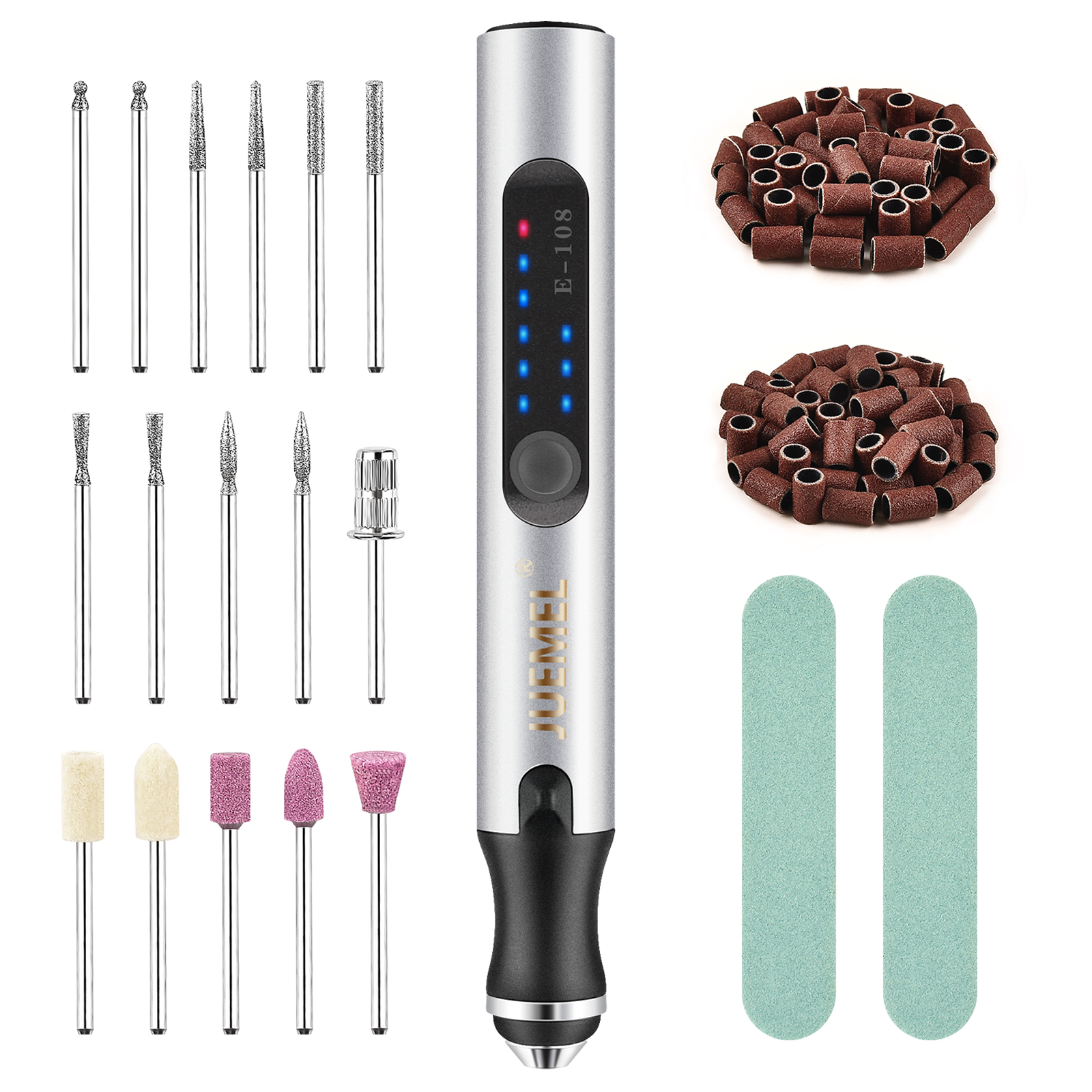 Portable Electric Nail Drill, JUEMEL Professional Nail File Kit for Gel Nails, Acrylic, Manicure Pedicure Polishing Shape Tools with 16Pcs Nail Drill Bits and 100Pcs Sanding Bands