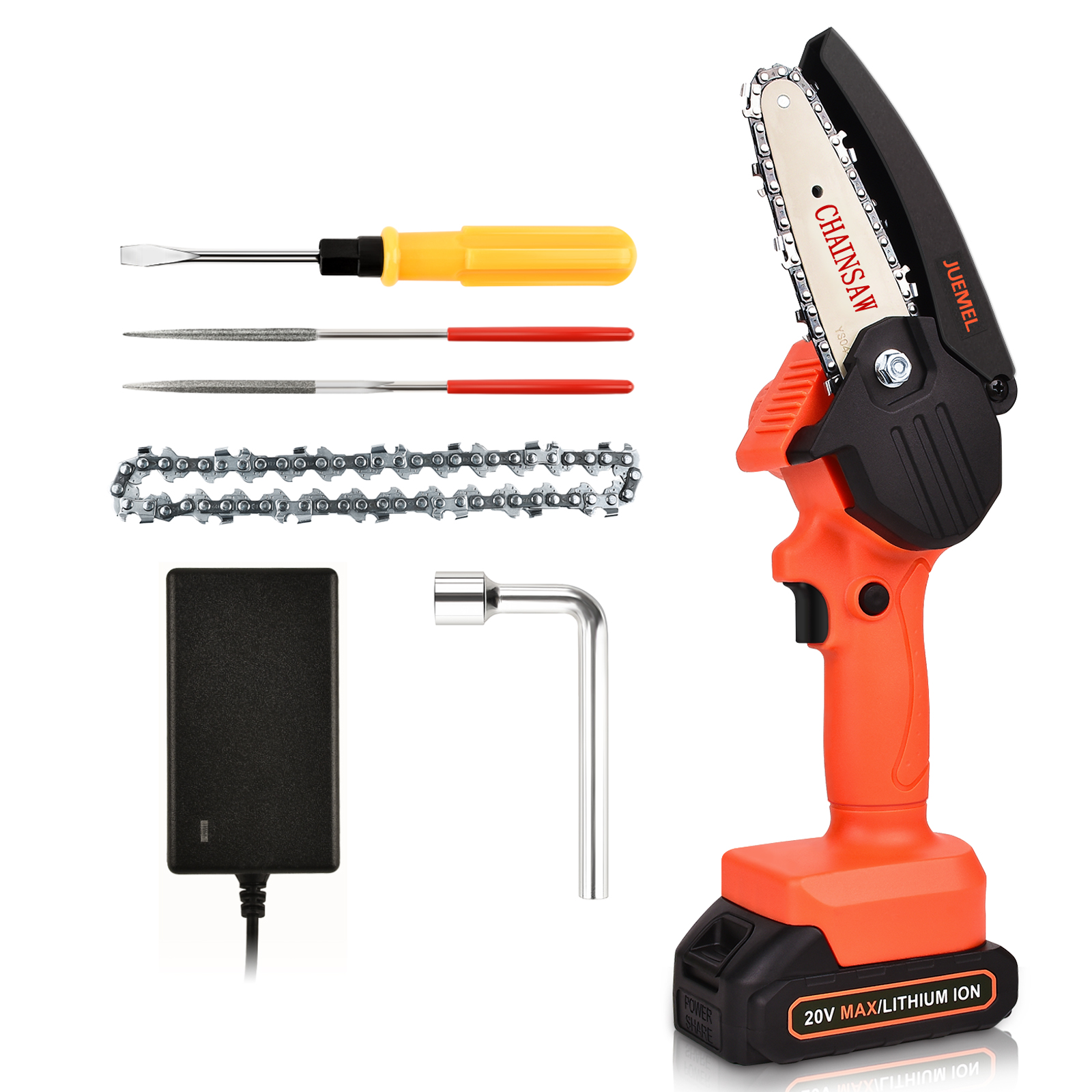 Cordless Chainsaw with 2 Battery, JUEMEL Portable Mini Chain Saw ( 20V Battery, Charger, 4-Inch Guide Plate) for Tree Pruning, Wood Cutting, Household and Garden