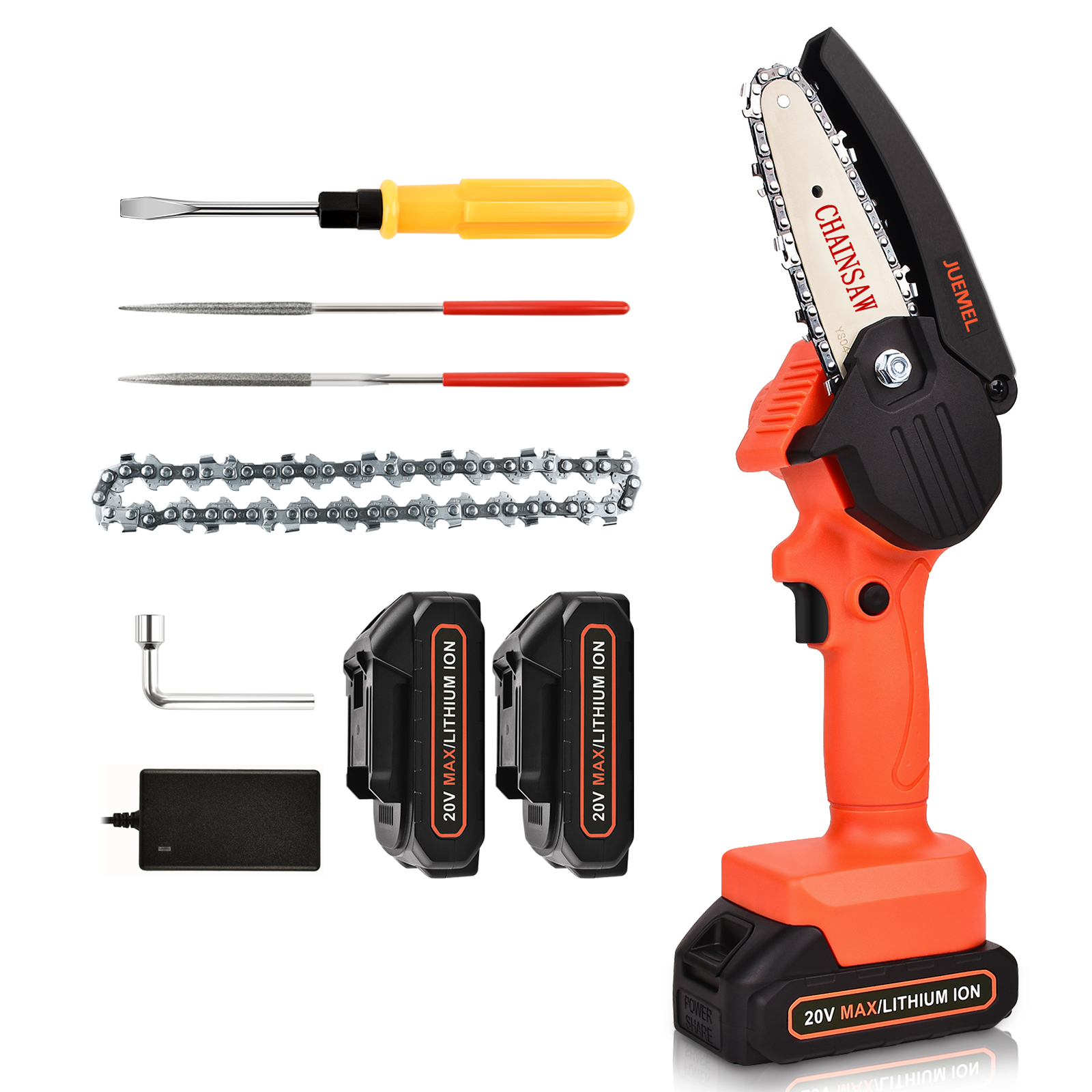 Cordless Chainsaw with 2 Battery, JUEMEL Portable Mini Chain Saw ( 20V Battery, Charger, 4-Inch Guide Plate) for Tree Pruning, Wood Cutting, Household and Garden