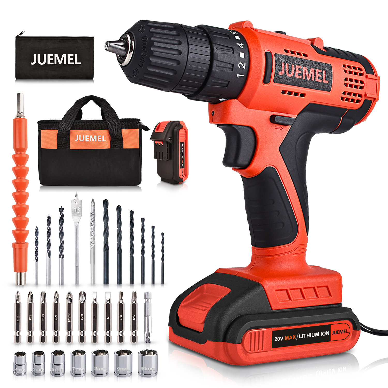 Cordless Drill 20V with 2 Batteries, JUEMEL Power Drill Set with 3/8 inches Keyless Chuck, 2-Variable Speed, 18+1 Clutch, and 30pcs Drill/Driver Bits Accessories