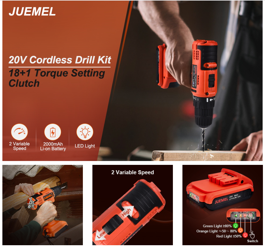 for DIY Project Electric Screwdriver Set 20V Cordless Drill Driver JUEMEL 100 PCS Accessories Power Drill 1 Battery 2000mAh / 1H Fast Charger/Max Torque 36Nm / 2 Variable Speed / 3/8 inch Chuck